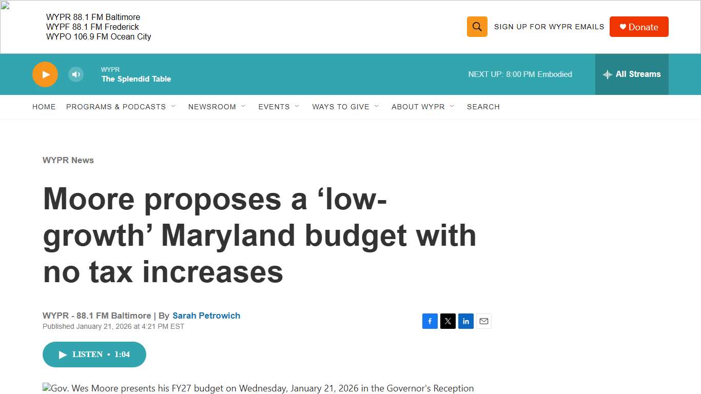 Moore proposes a ‘low-growth’ Maryland budget with no tax increases WYPR