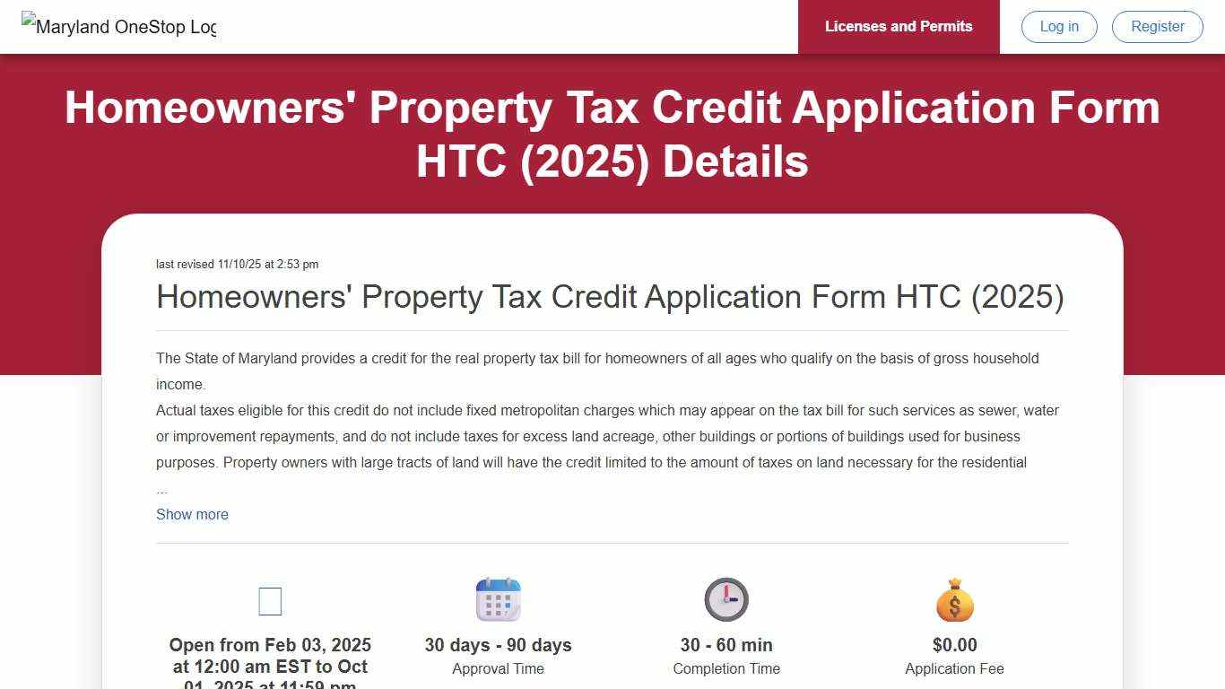 Homeowners’ Property Tax Credit Application Form 2025 Maryland OneStop