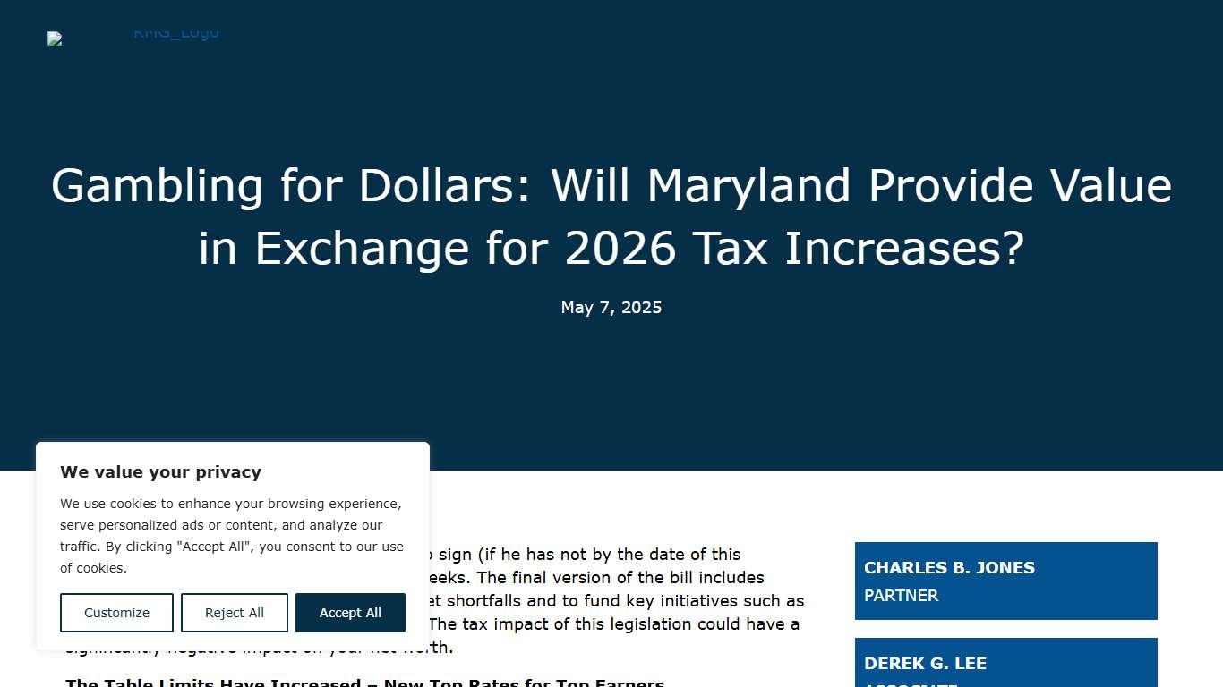 Gambling for Dollars: Will Maryland Provide Value in Exchange for 2026 Tax Increases? – RMG